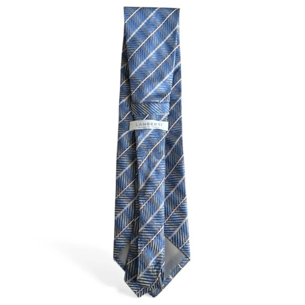 Lamberti Made in Italy Silk Necktie Blue Gold Diagonal Stripe Geometric‎ Pattern